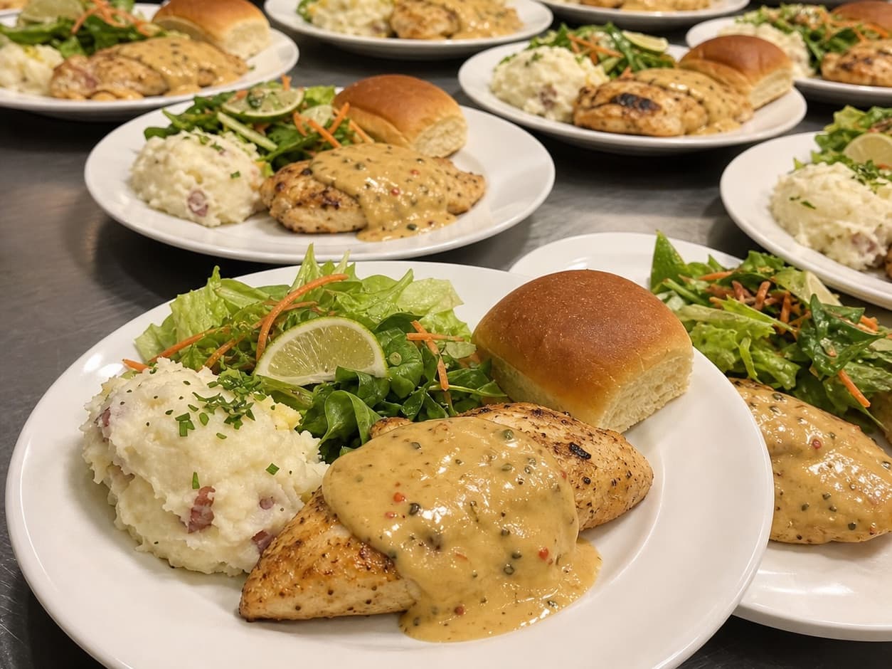 Banquet service line of plated chicken dinners ready for a corporate event