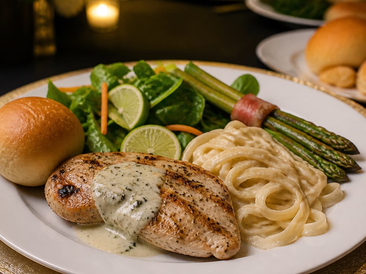 Herb cream chicken with fettuccine alfredo served on a gold charger by candlelight at a wedding reception